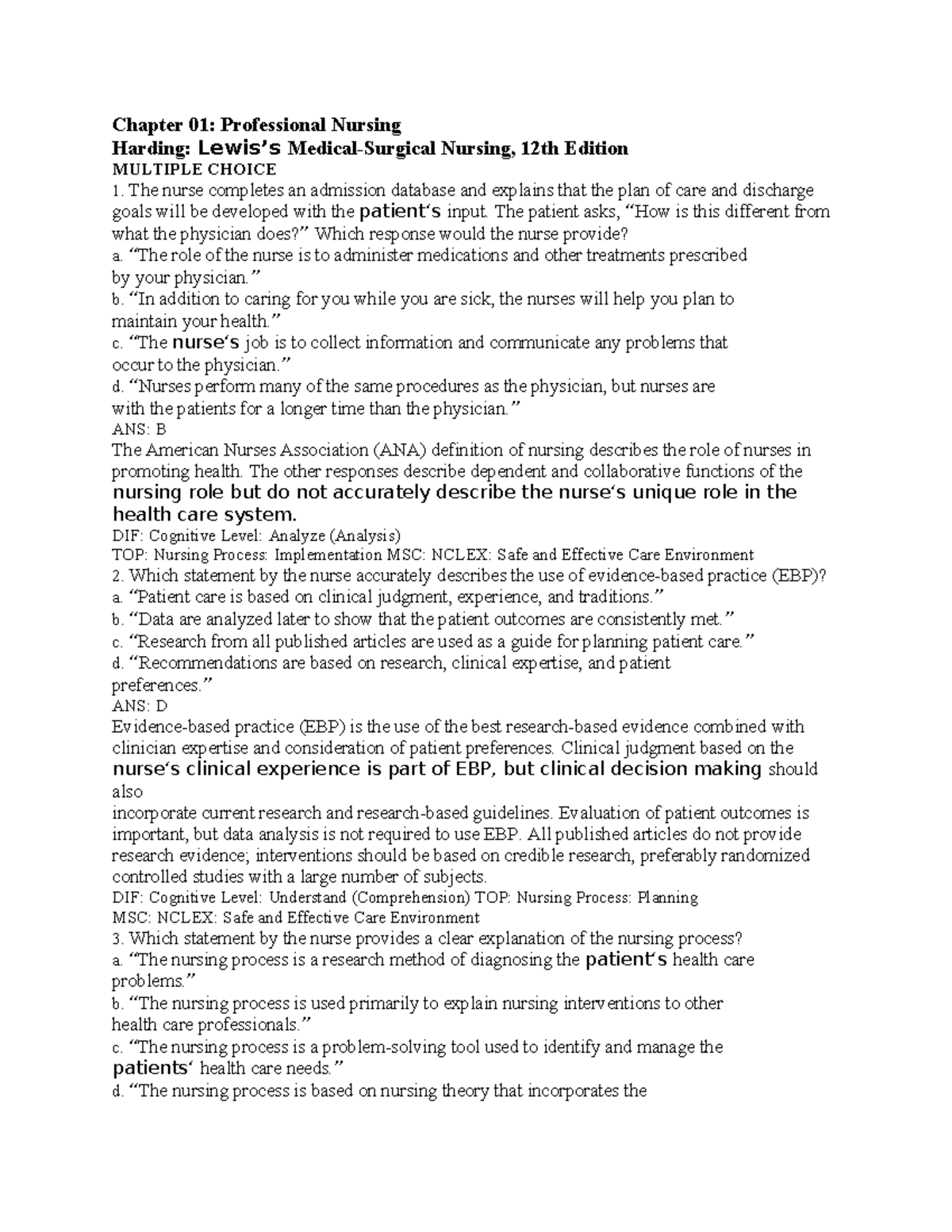 Chapter 01: Professional nursing multiple choice questions and answers ...