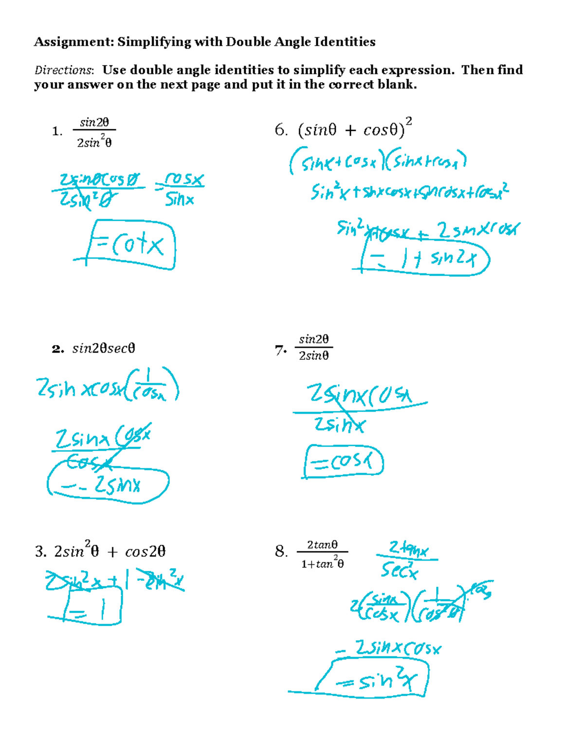 Double Angle Idenitities (Simplifying Expressions) - Assignment ...