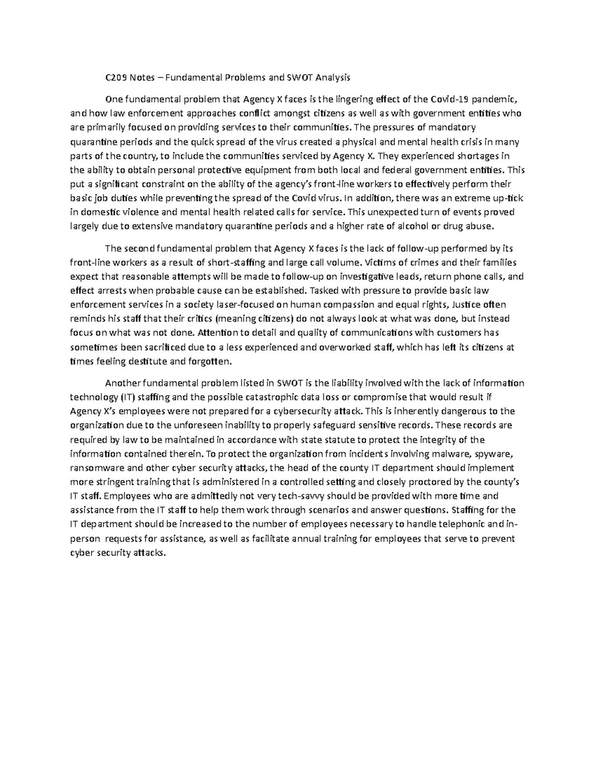 C209 SWOT Analysis & Key Issues | Agency X's Challenges - Studocu