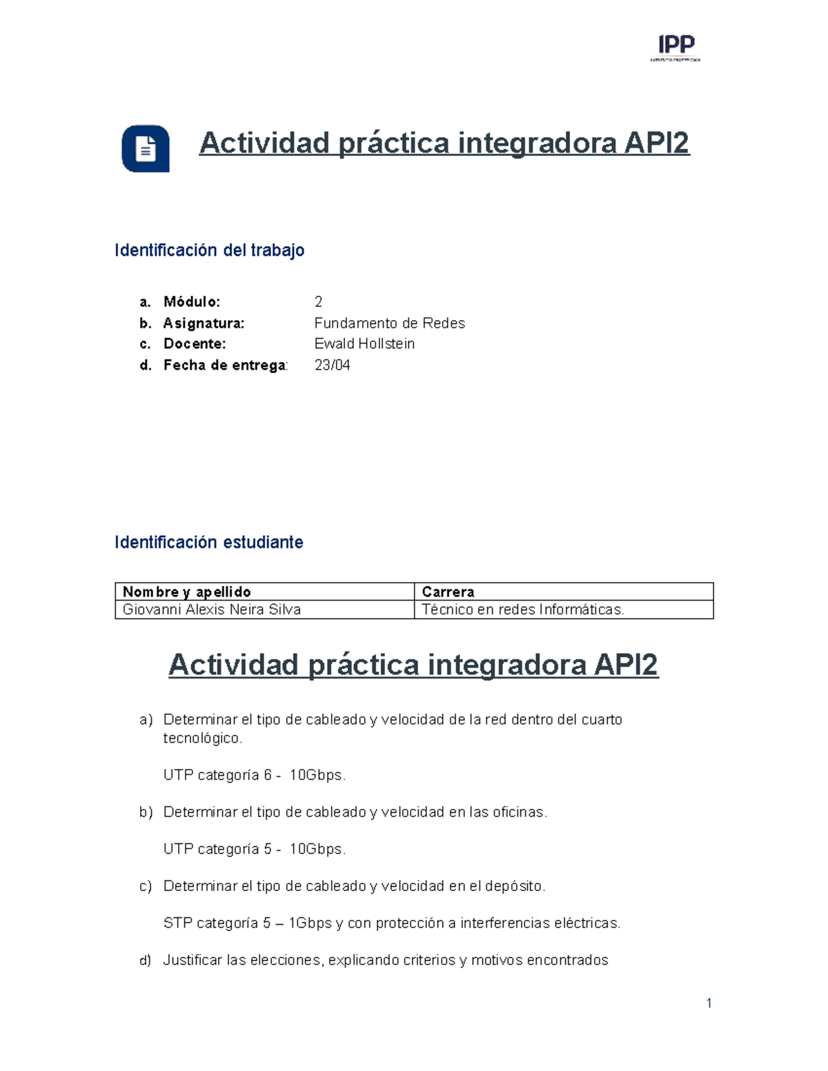 Actividad Práctica Integradora API2: Fundamento de Redes - Studocu