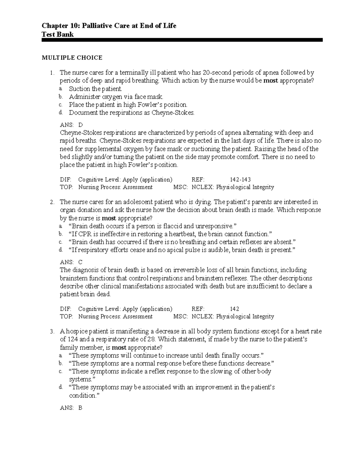 Ch10 - Palliative Care Practice Questions for Nursing NCLEX Exam - Studocu