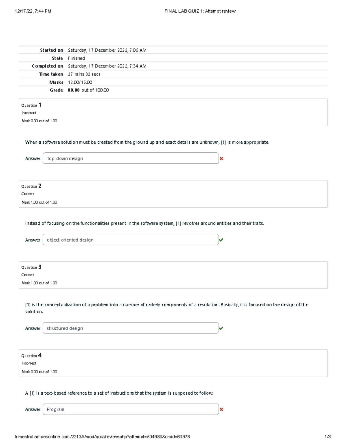 Final LAB QUIZ 1 Review - Attempt Analysis and Results - Studocu