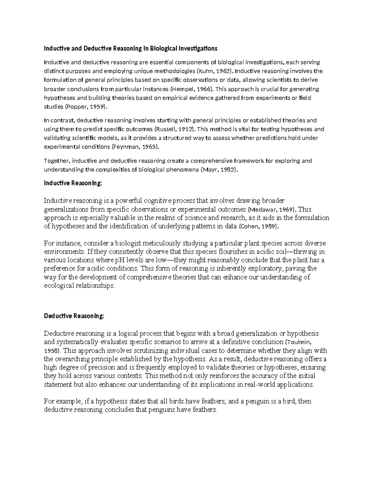 Inductive and Deductive Reasoning in Bio Investigations: A Discussion ...