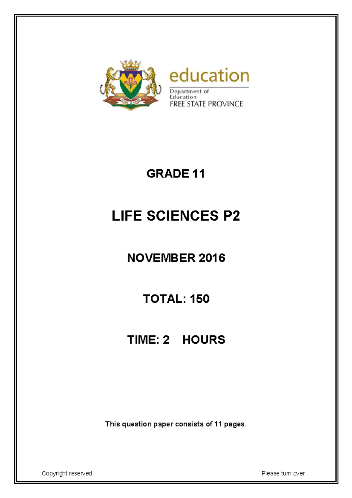 Gr 11 Life Sciences P2 Nov 2016 Exam Paper & Instructions - Studocu