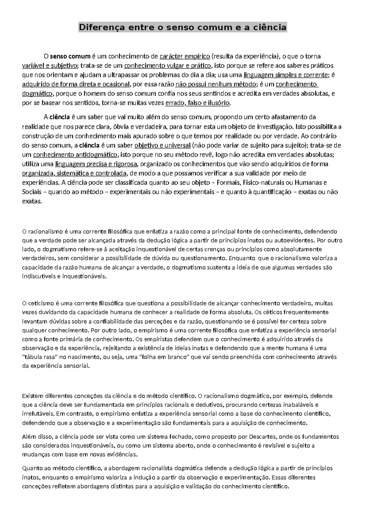 Diferença entre Senso Comum e Ciência: Uma Análise Crítica - Studocu