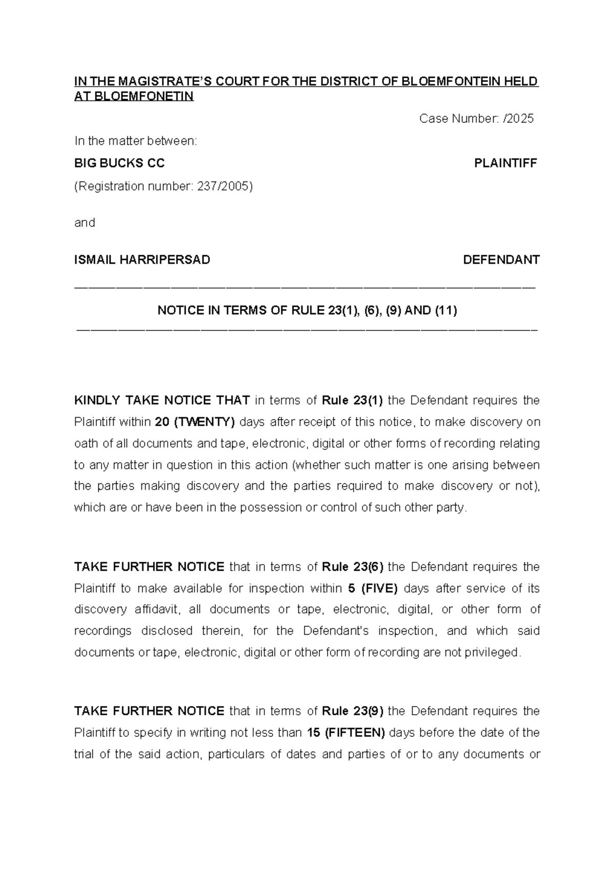 Final RULE 23 Notice Defendant - IN THE MAGISTRATE’S COURT FOR THE ...