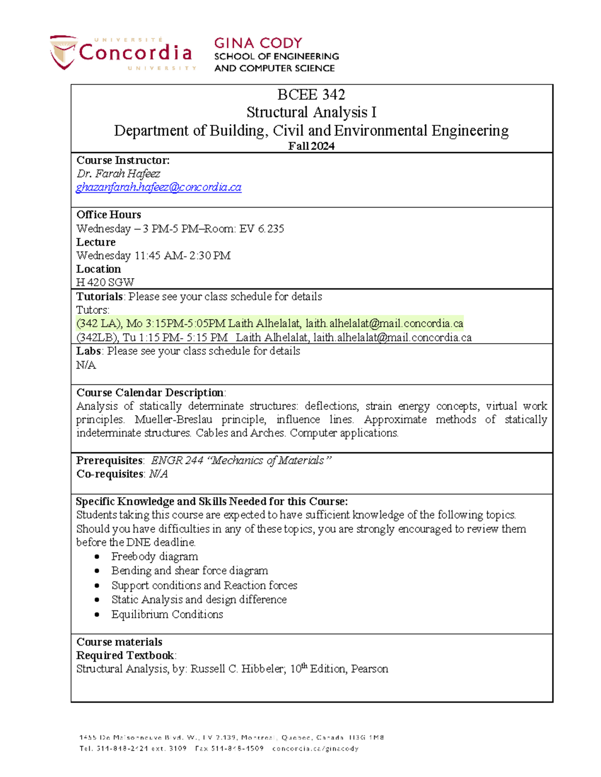 Course Outline - Strucutural Analysis 1 - Fall 2024 - BCEE 342 ...