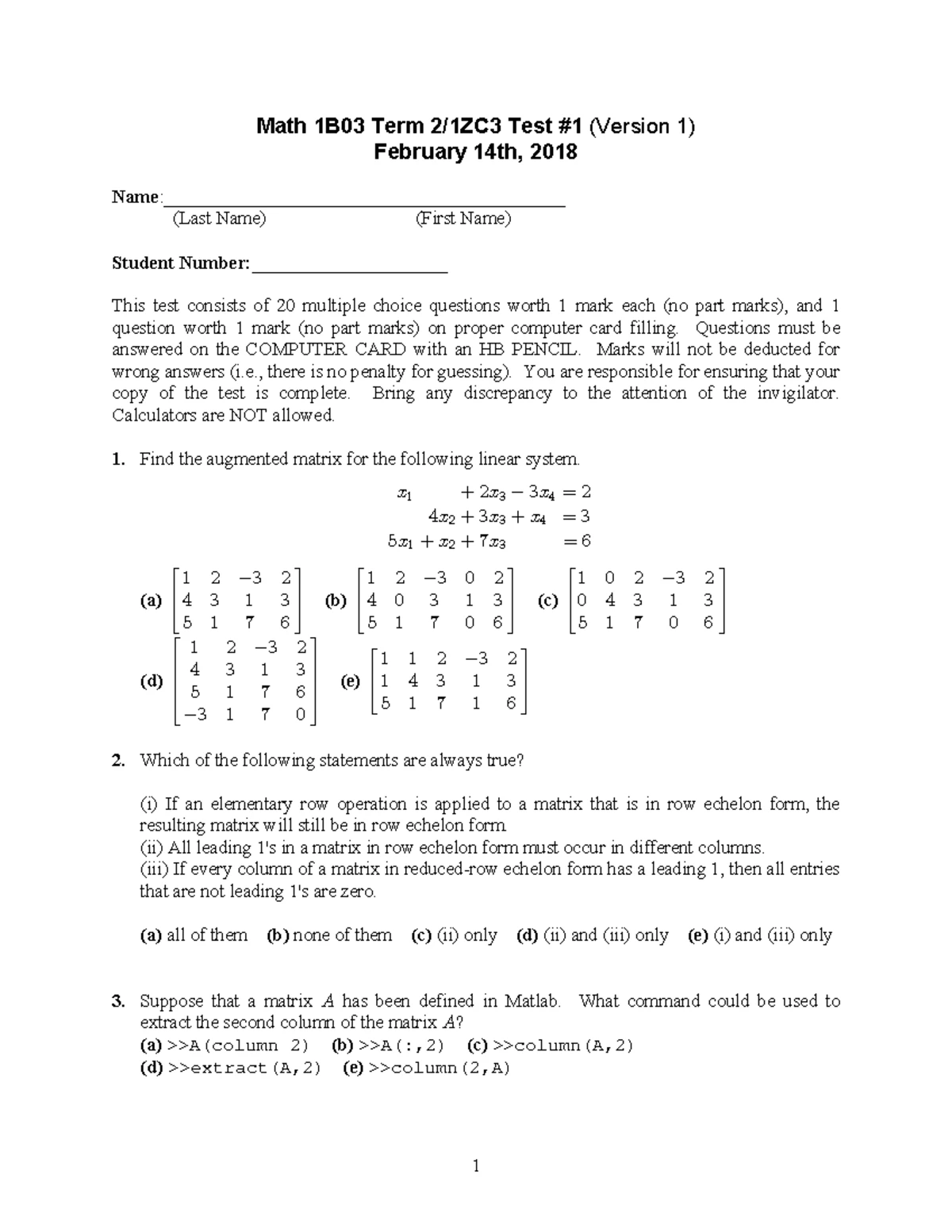 Linear Algebra 1ZC3 - Solutions to 2013 Sample Exam - Studocu