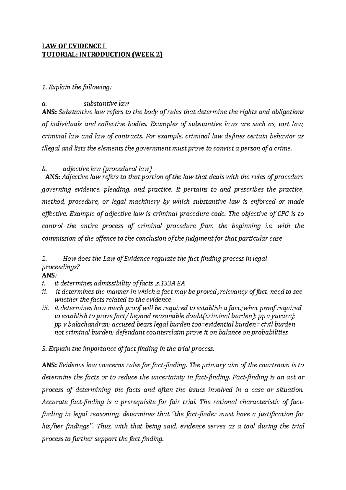 LAW OF EVIDENCE I: TUTORIAL WEEK 2 NOTES - Studocu