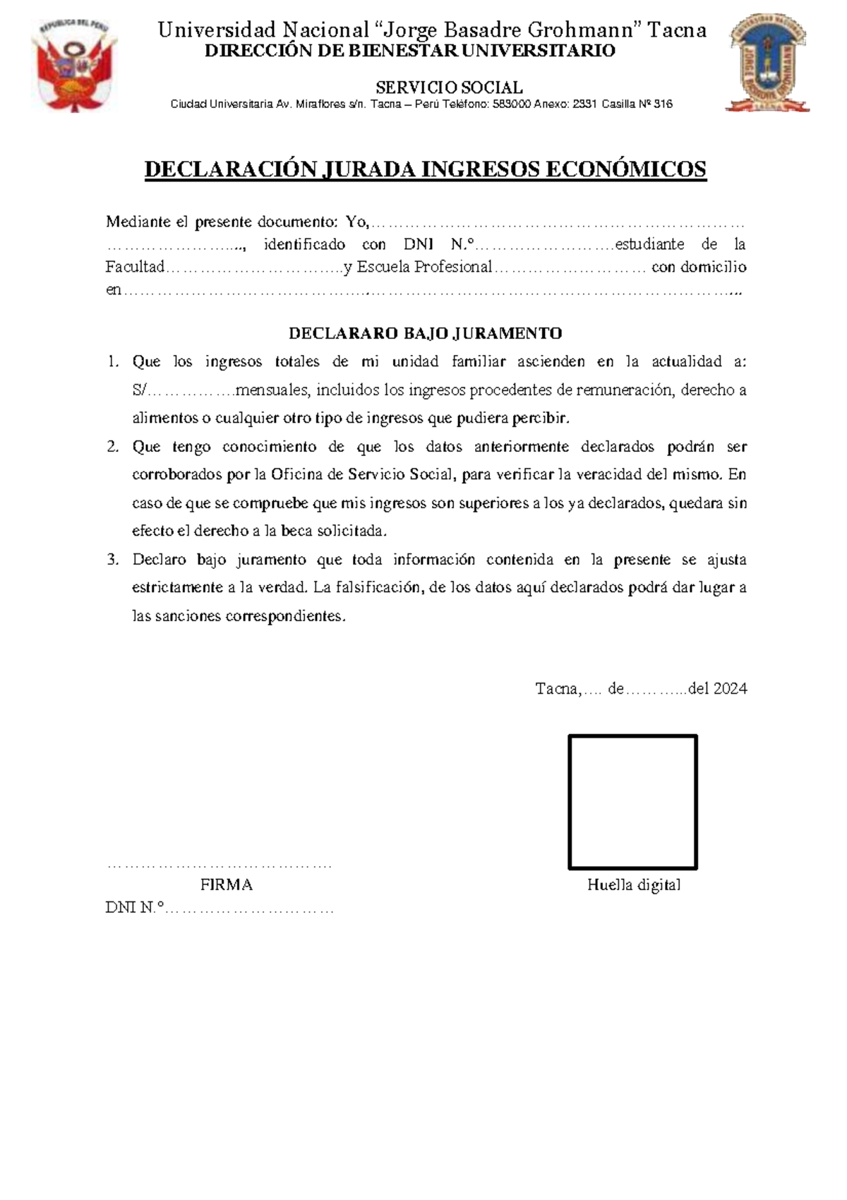 Declaracion Jurada DE Ingresos Y Egresos - Universidad Nacional “Jorge ...