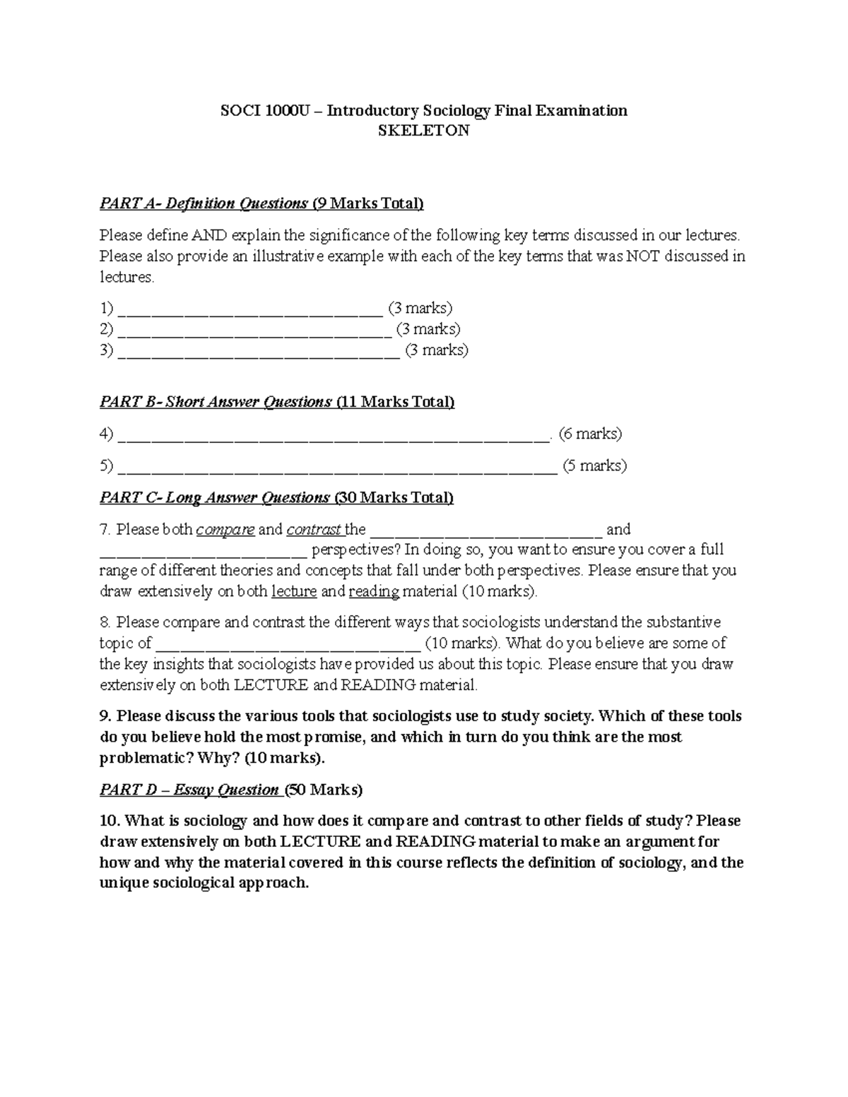SOCI 1000U Introductory Sociology Final Exam Review Guide - Studocu