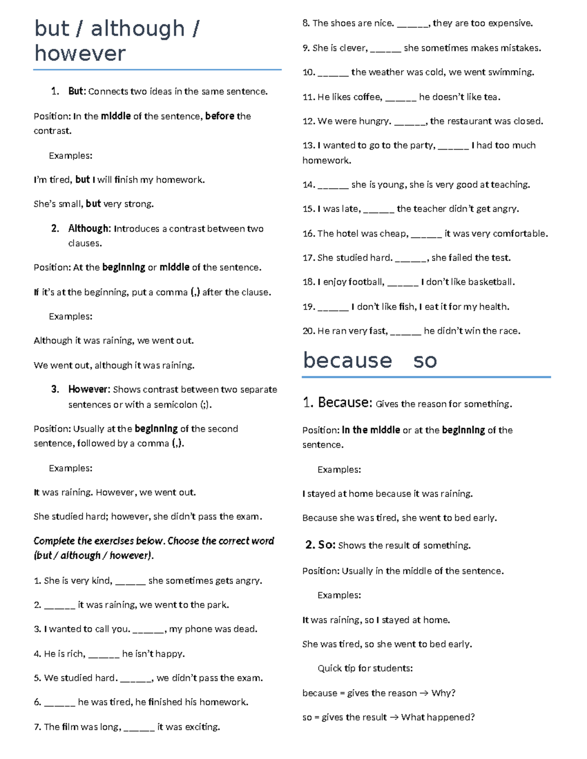 ENG 101: Conjunctions - But, Although, However, So, Because - Studocu
