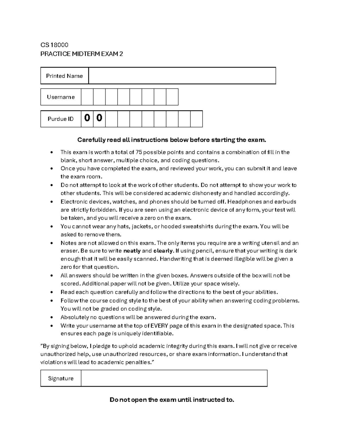 FA25 CS 18000 Practice Midterm Exam 2 Instructions and Questions - Studocu