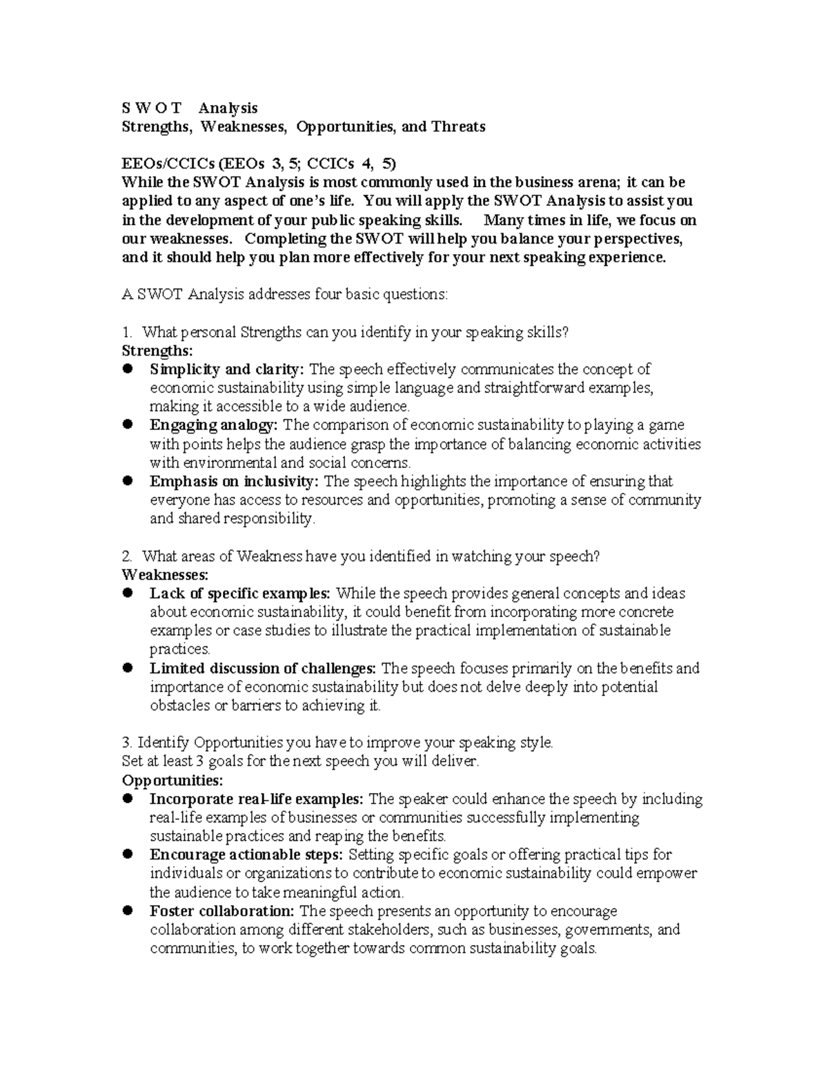 SWOT Analysis Report on Public Speaking Skills (EEOs 3, 5; CCICs 4, 5 ...