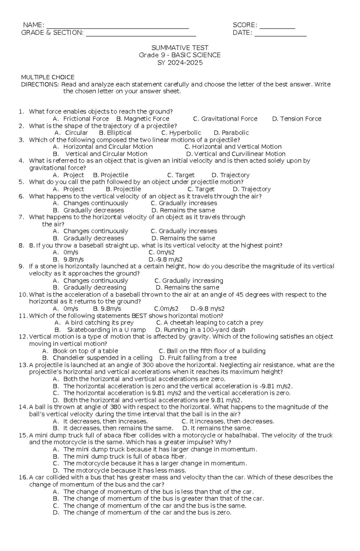 Grade 9 Science Summative Test - 4th Quarter Evaluation - Studocu