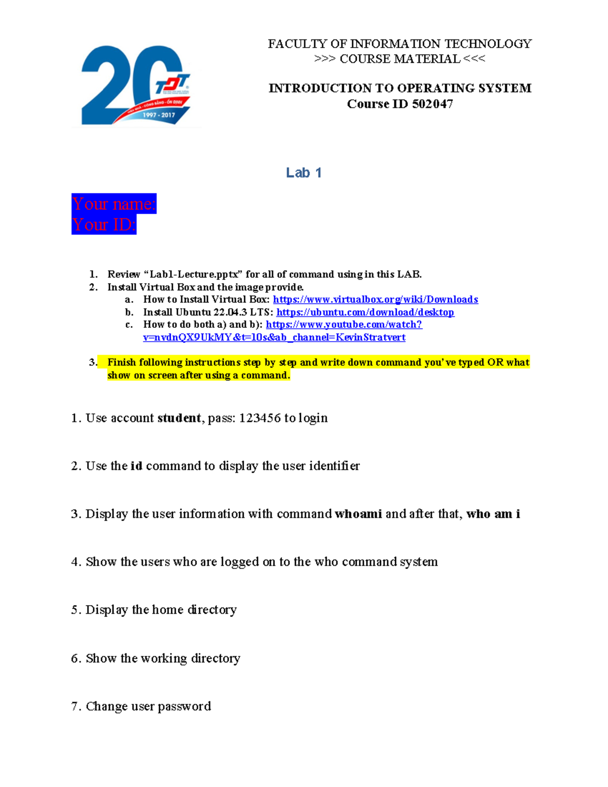 IT 502047 Lab 1: Introduction to Operating Systems Commands Guide - Studocu
