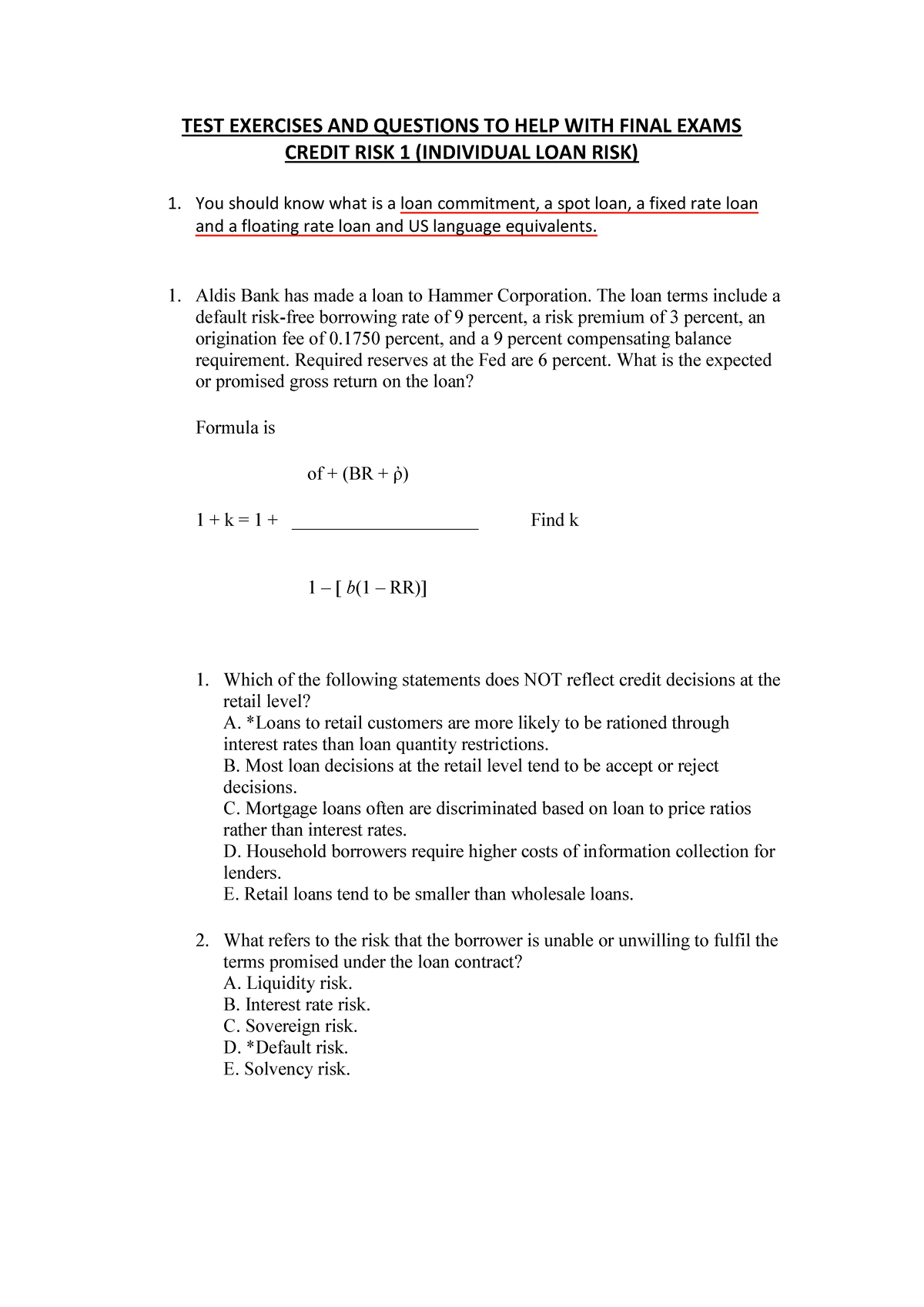 Notes and Exercises for Credit Risk 1 - TEST EXERCISES AND QUESTIONS TO ...