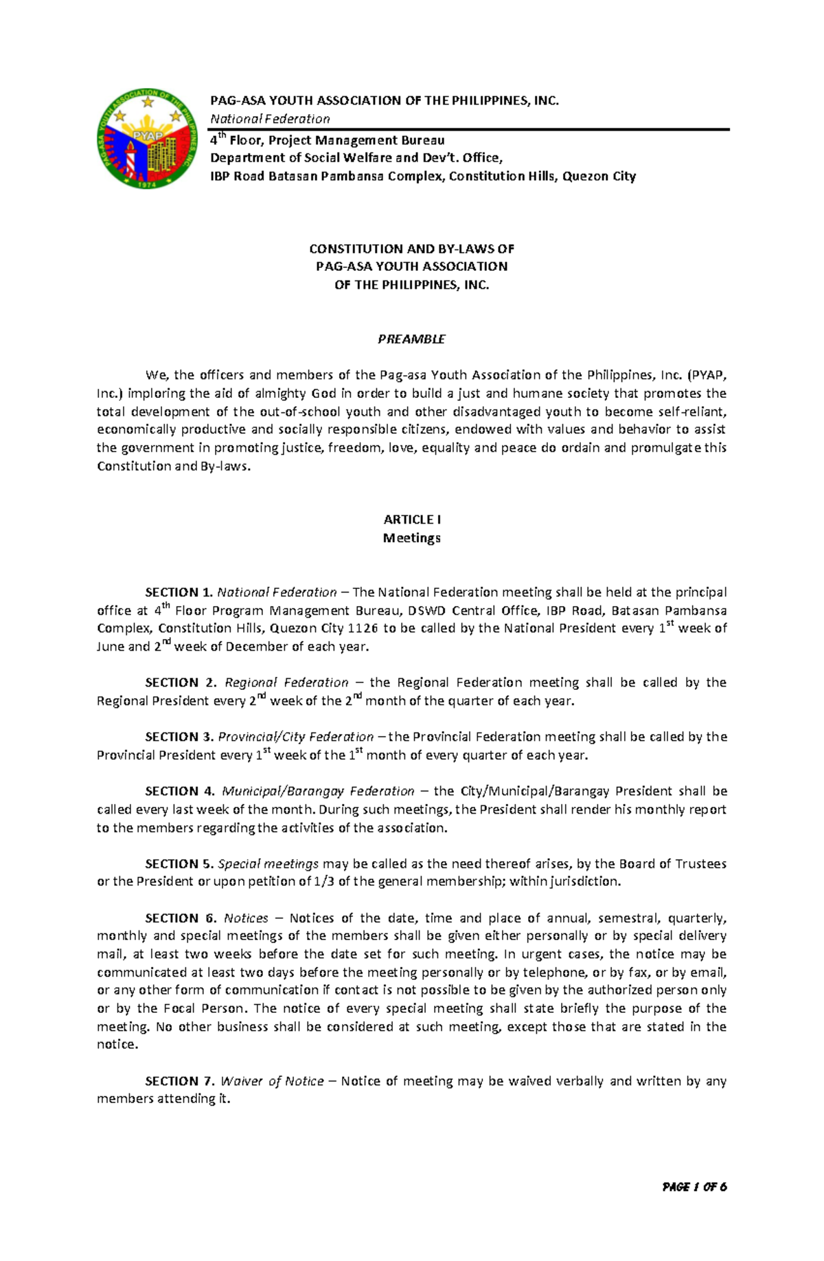 PAG-ASA YOUTH ASSN. CONSTITUTION & BY-LAWS - Lesson Notes - Studocu