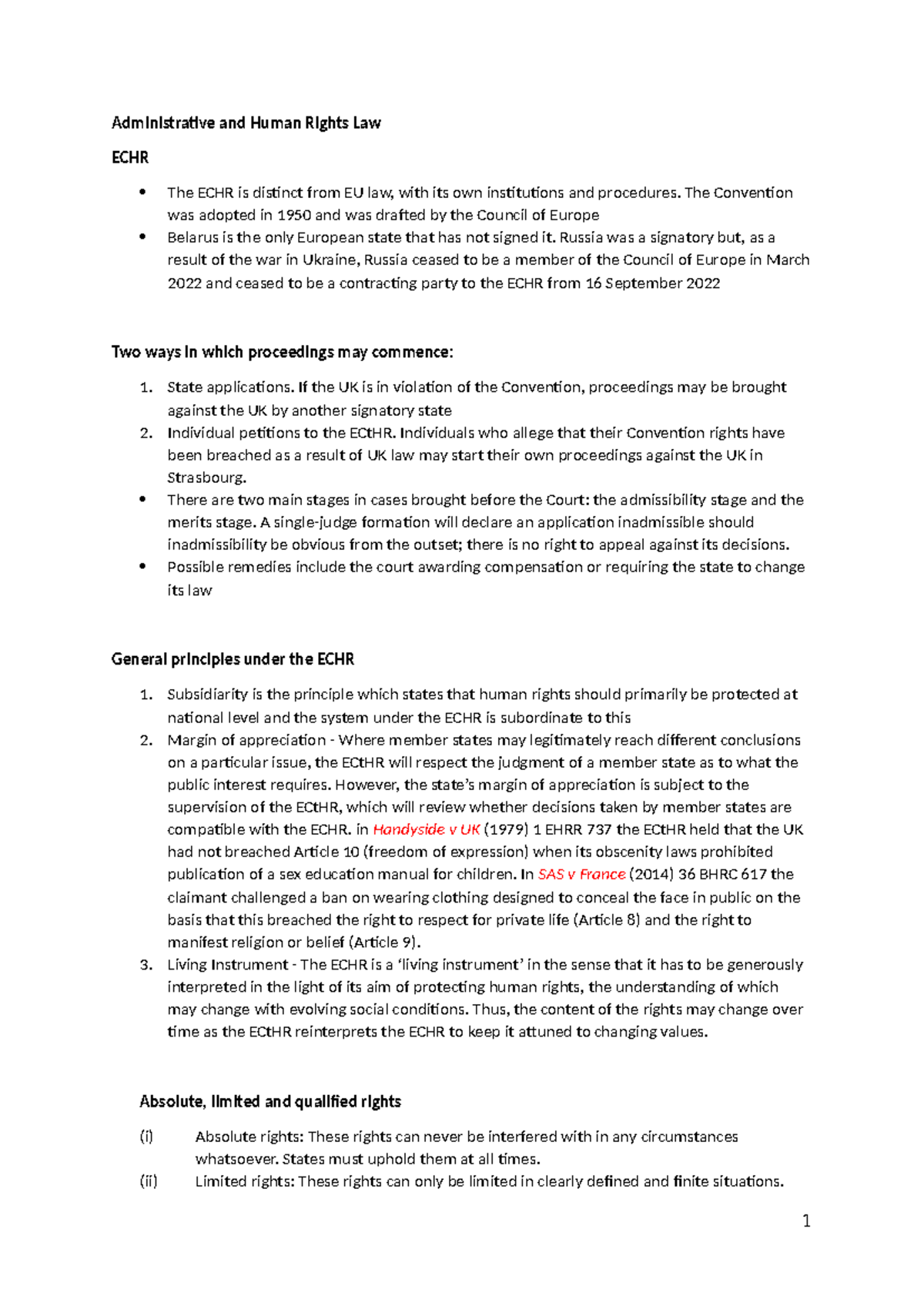Administrative and Human Rights Law Notes (ECHR) - Studocu