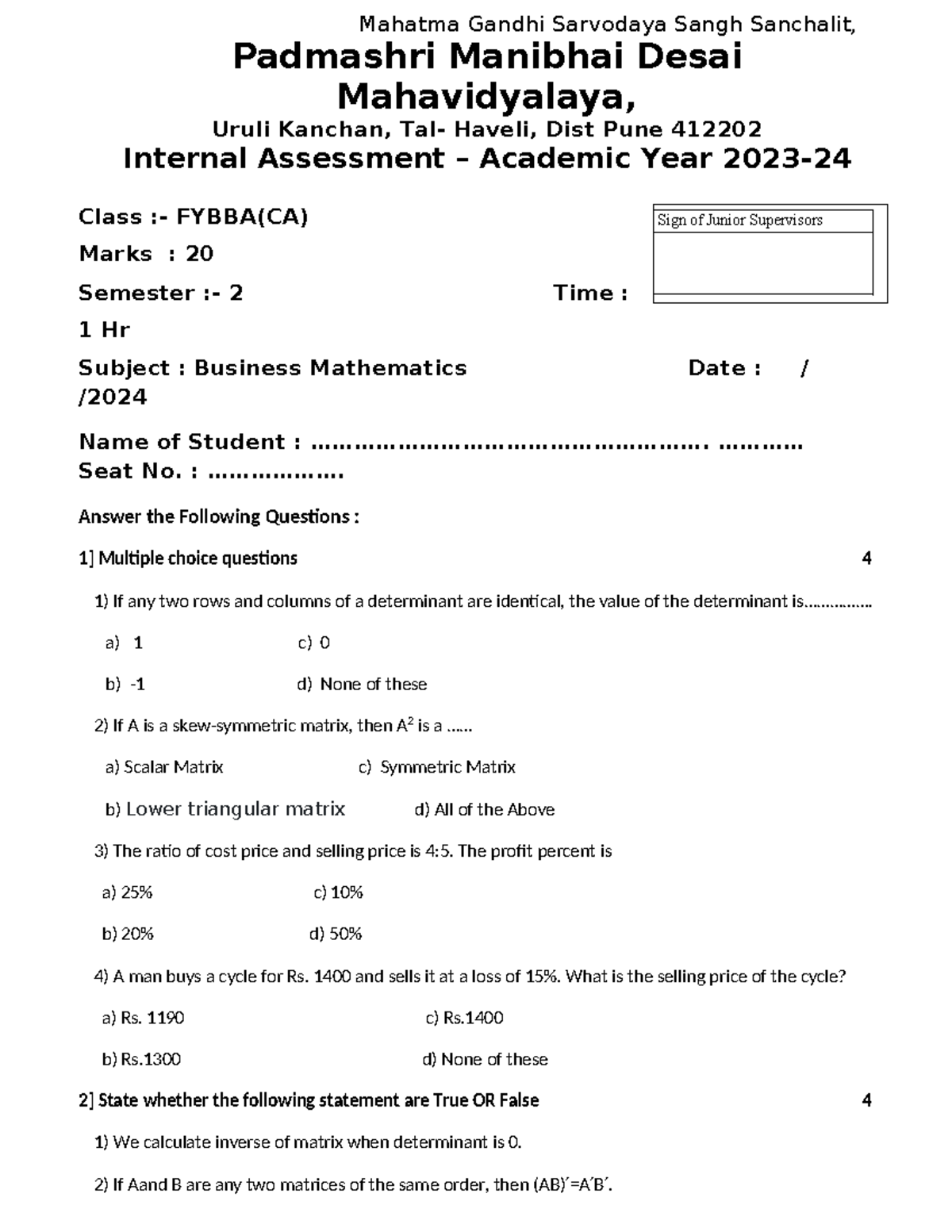 FYBCA Business Mathematics Internal Assessment 2023-24 - Studocu