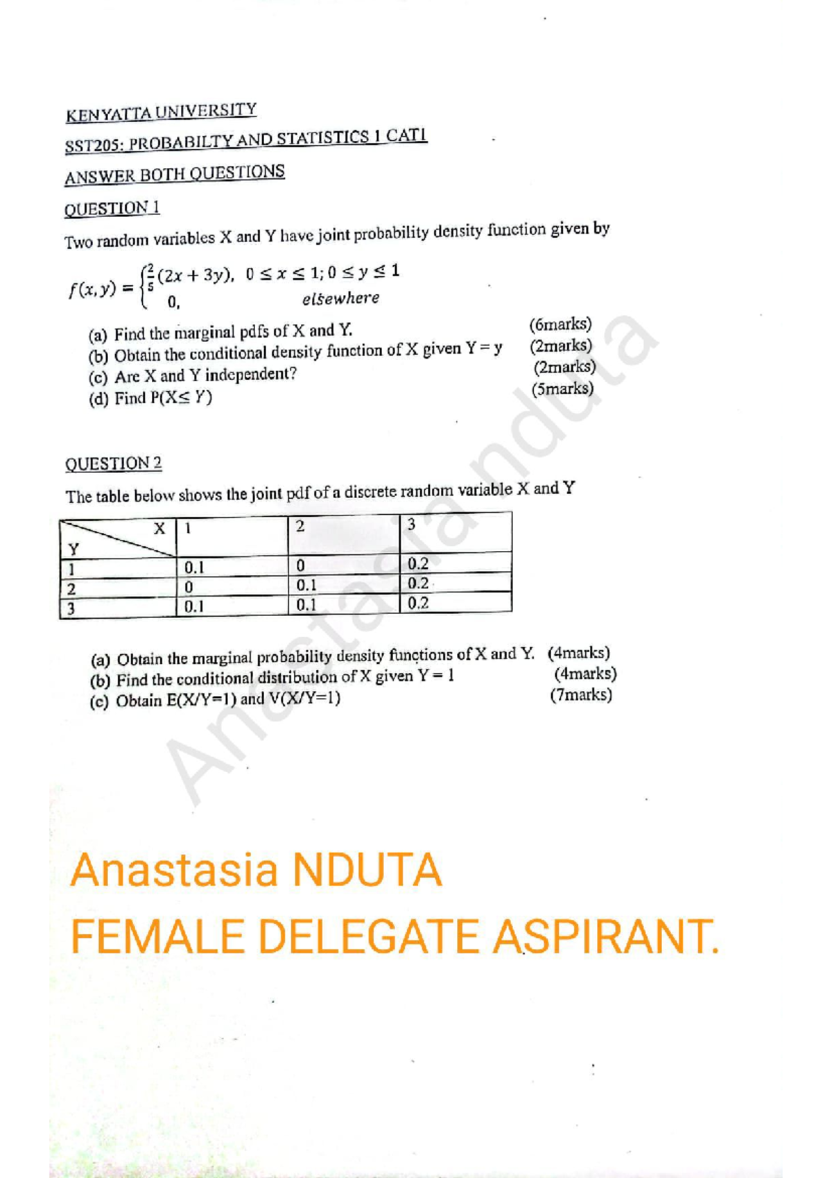 SST205: Probability and Statistics CAT1 Answers and Solutions - Studocu