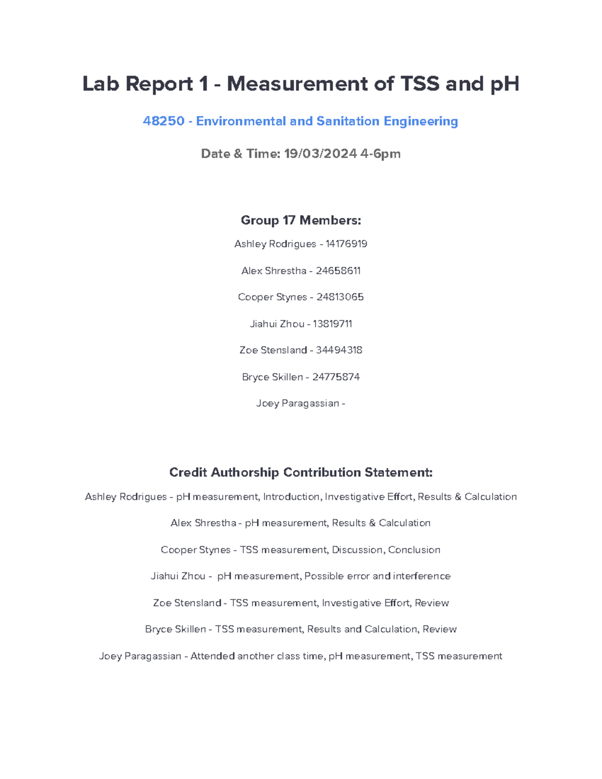 Lab Report 1: Measurement of TSS and pH in Environmental Engineering ...