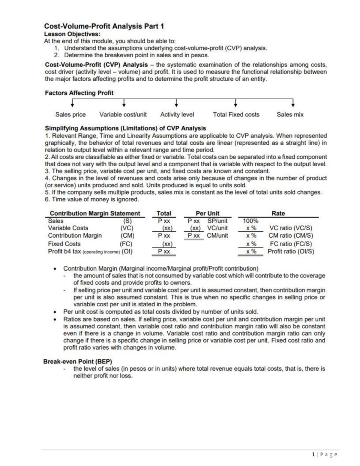 CVP Analysis Part 1 - Lesson Objectives and Key Concepts - Studocu