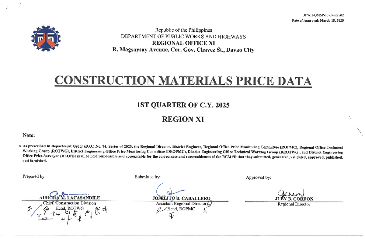 Construction Materials Price Data - 1st Quarter CY 2025 (Region XI ...