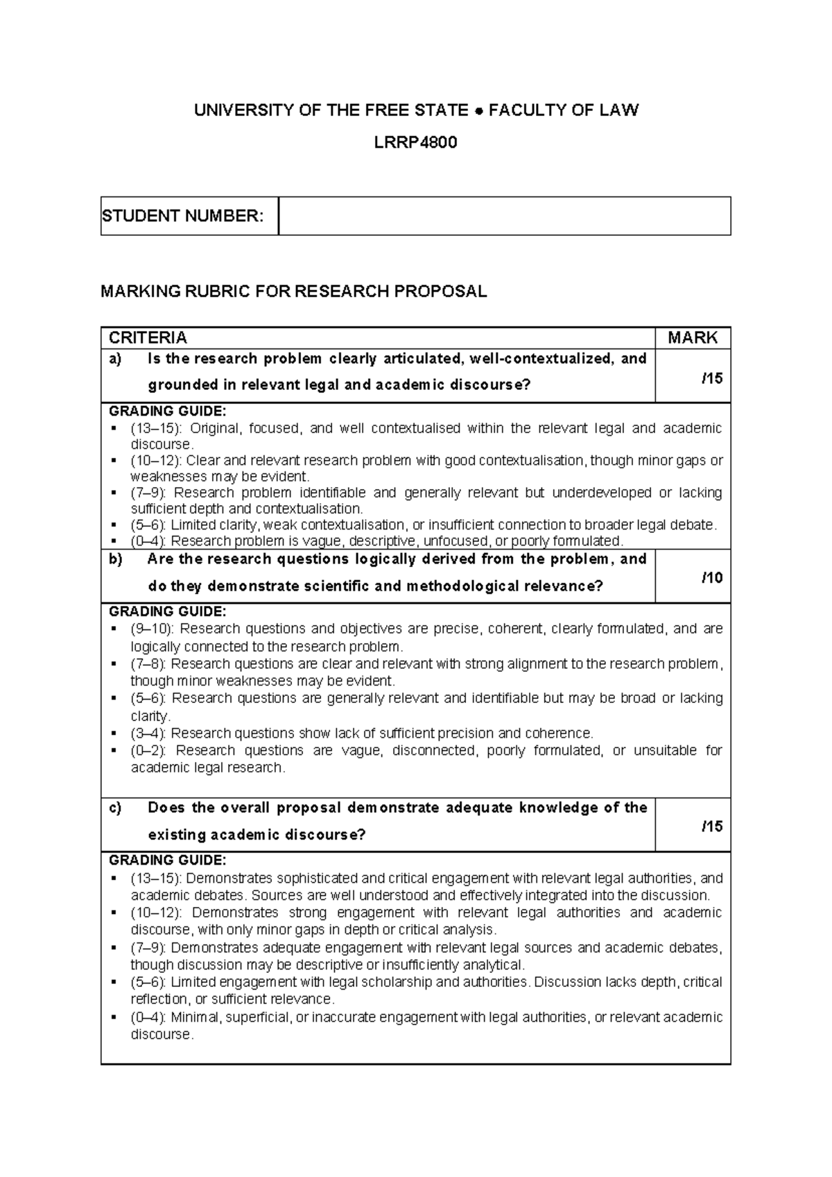 Marking Rubric for Research Proposal & Final Report - LRRP4800 - Studocu