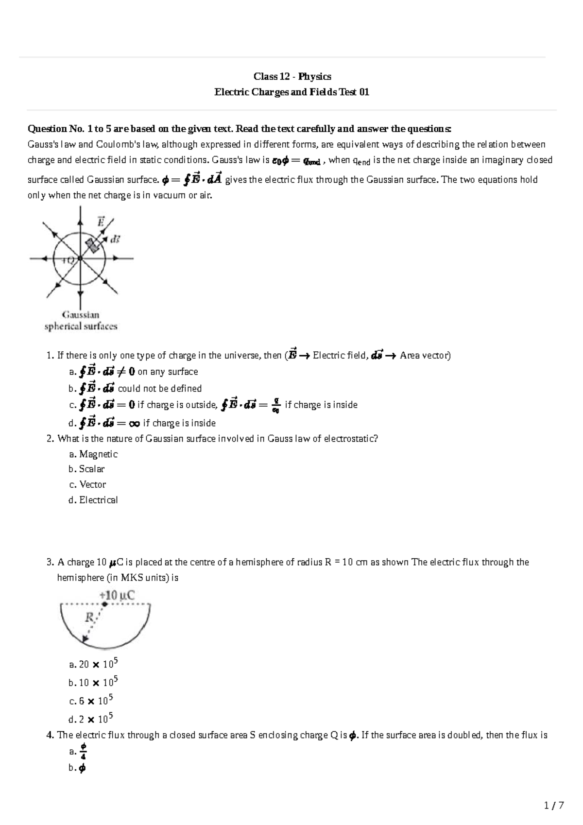 Class 12 Physics Electric Charges and Fields Test 01 Questions ...