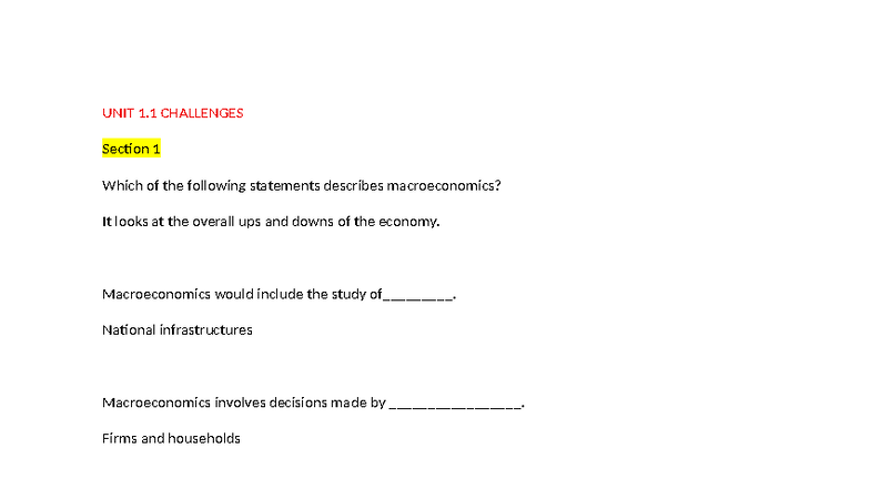 Macroeconomics Unit 1 Challenges & Milestone Review - Studocu