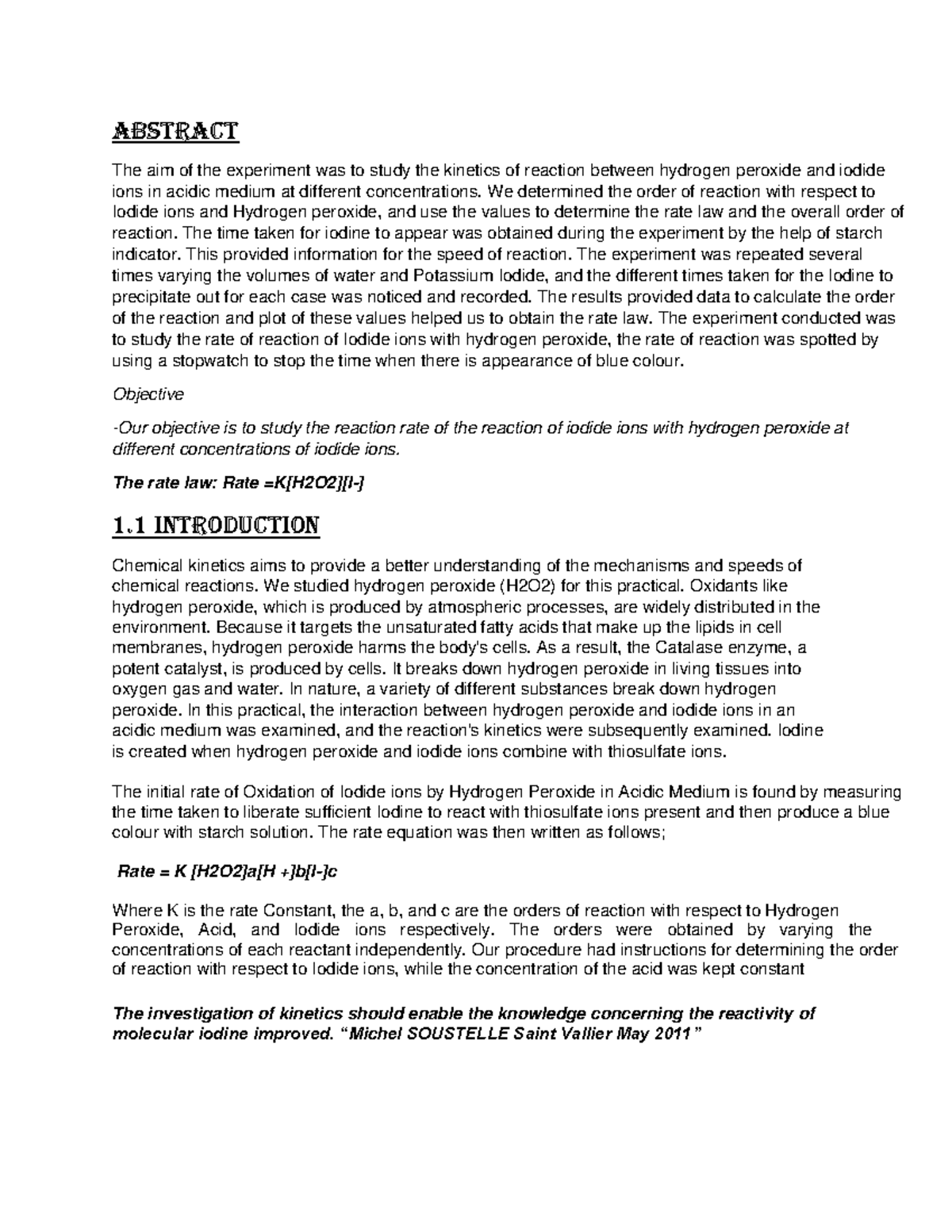 Kinetics Study of H2O2 and Iodide Reaction: Experiment Report - Studocu