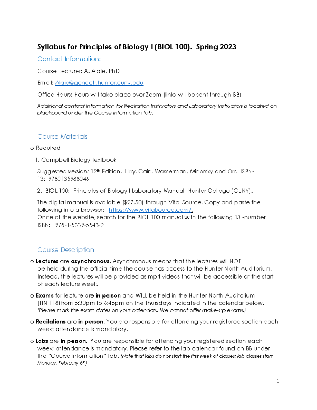 Syllabus for BIOL 100: Principles of Biology I Spring 2023 - Studocu