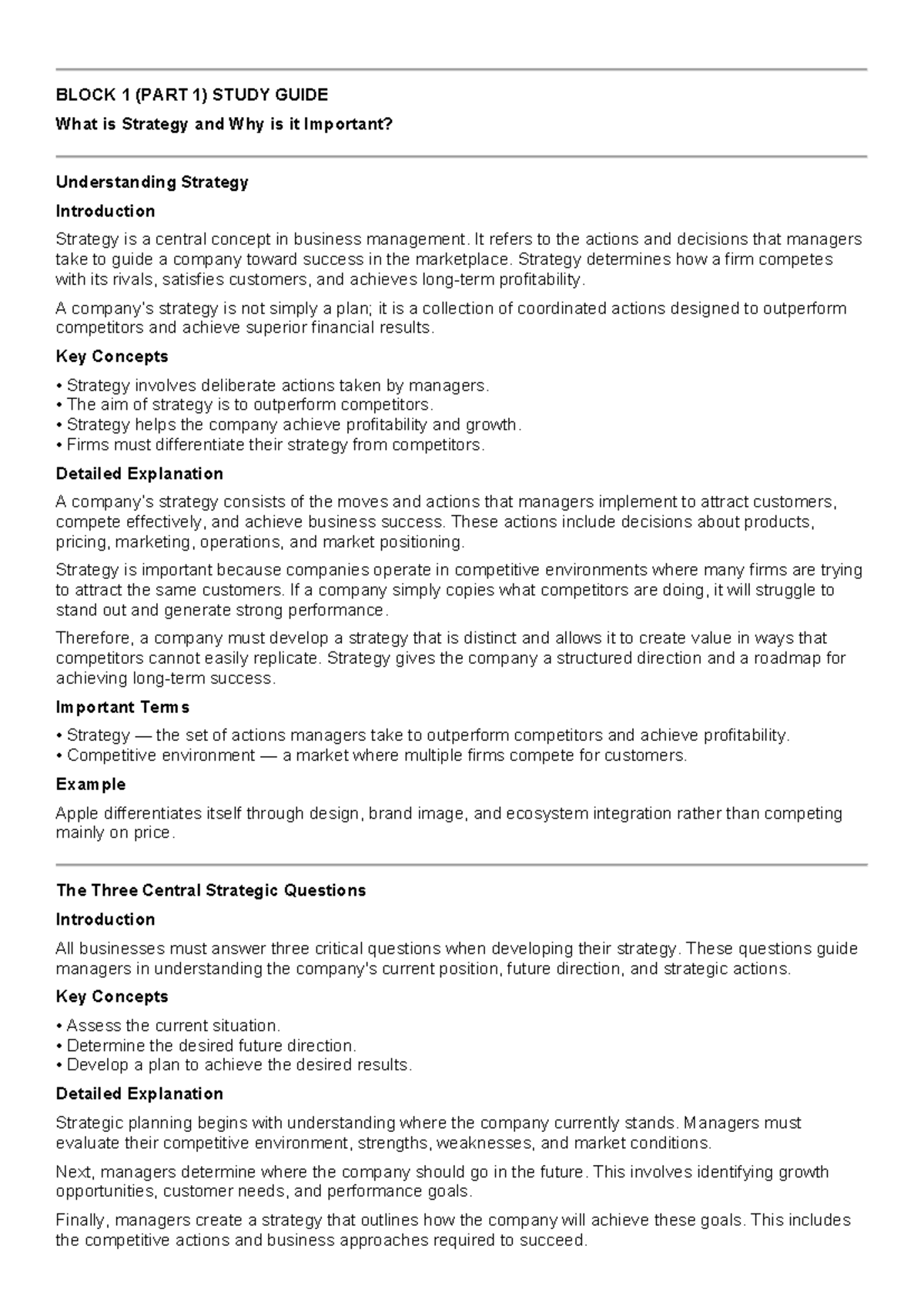 BLOCK 1 STUDY GUIDE: Understanding Strategy and Its Importance - Studocu