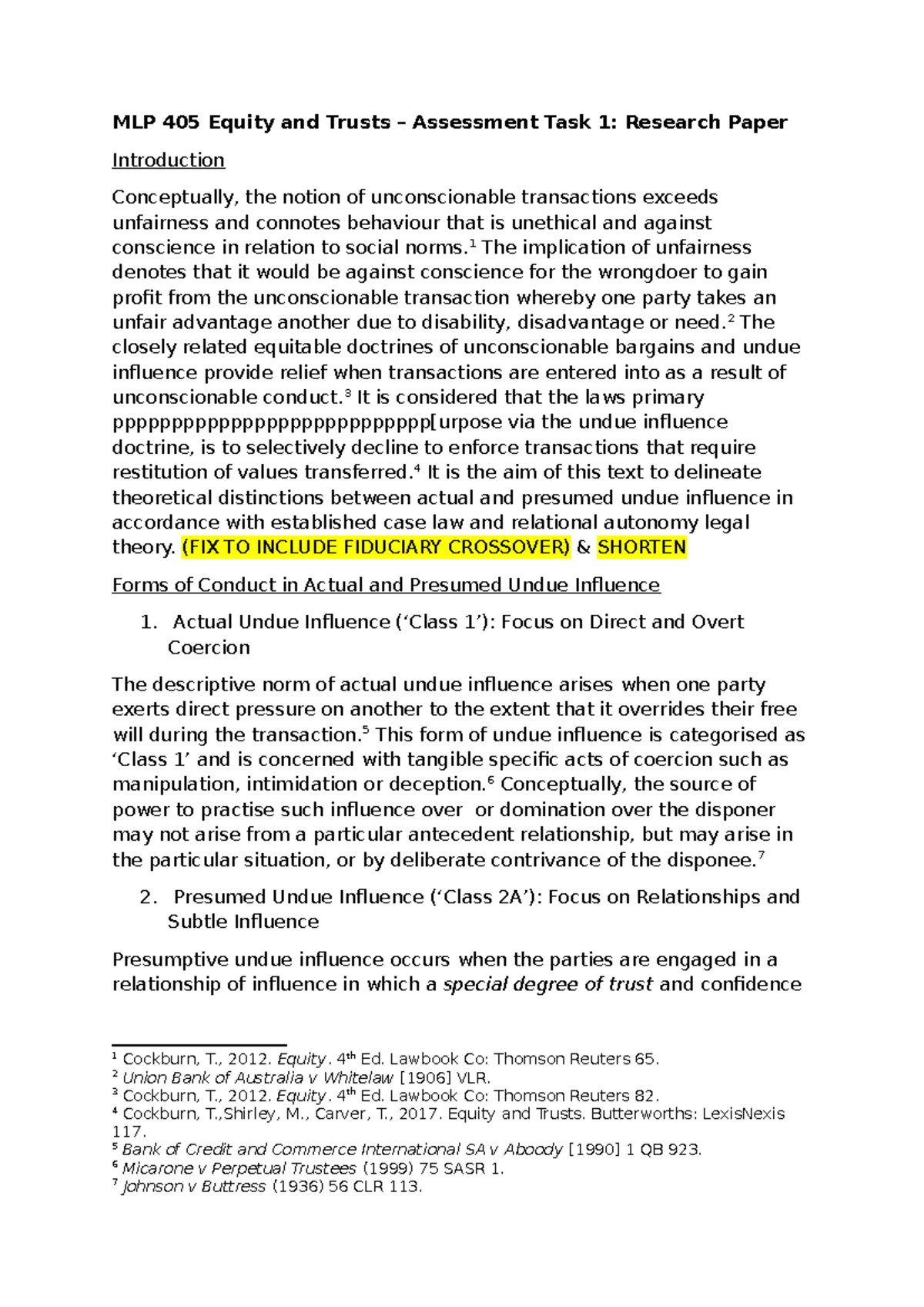MLP 405 Equity and Trusts Assessment 1: Unconscionable Transactions ...