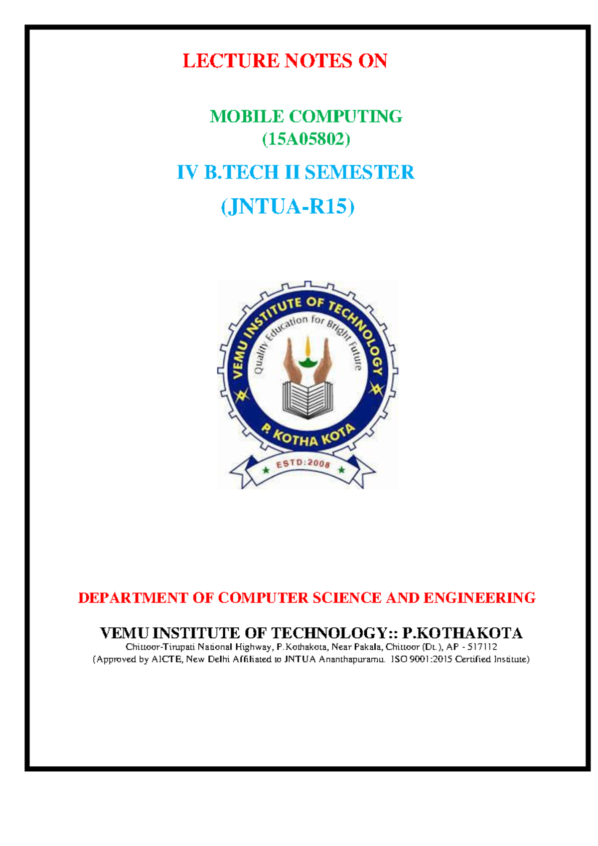 Mobile Computing - LECTURE NOTES ON MOBILE COMPUTING (15A05802) IV B II ...
