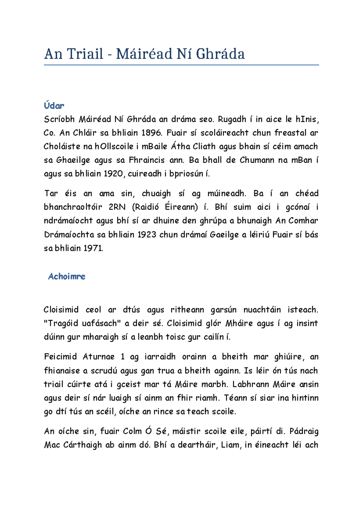 Nótaí ar An Triail: Carachtair agus Téamaí - Máiréad Ní Ghráda - Studocu