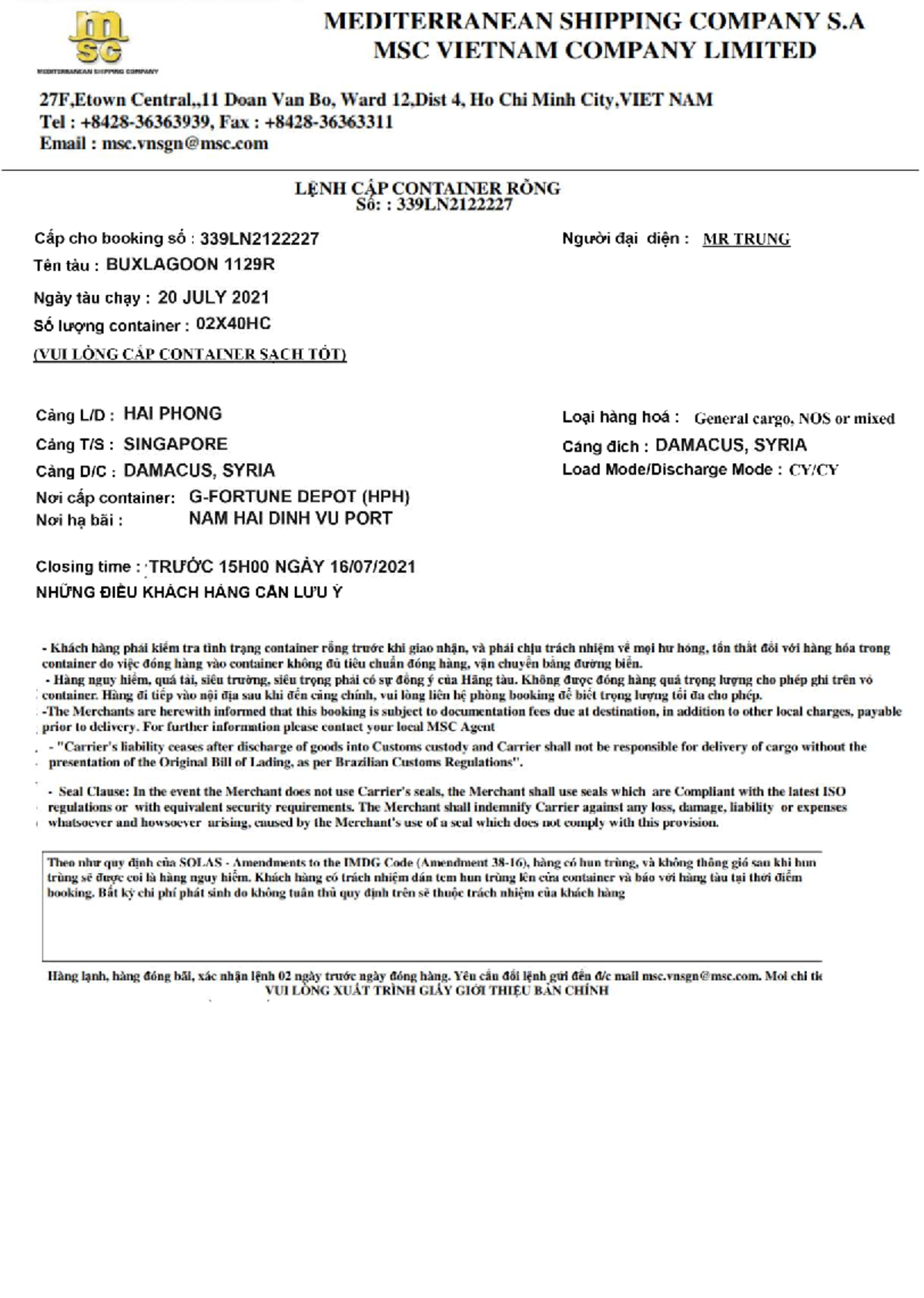 Booking Confirmation for MSC Shipping - July 2021 - Studocu