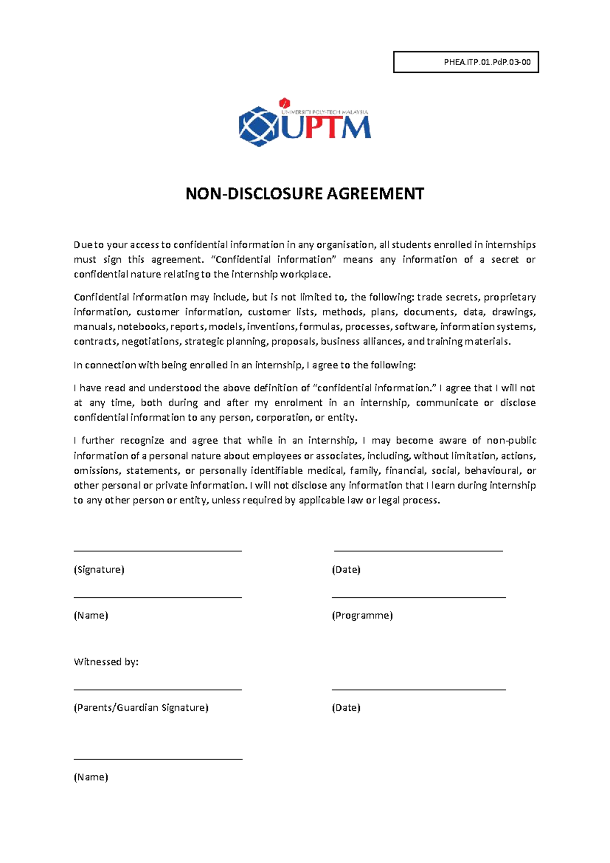Internship Confidentiality Agreement (NDA) - Studocu