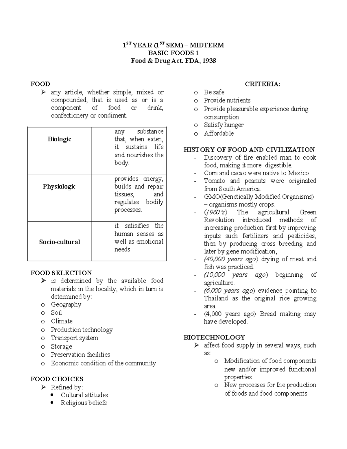 1ST YEAR (1ST SEM) MIDTERM NOTES ON BASIC FOODS AND FOOD SCIENCE - Studocu