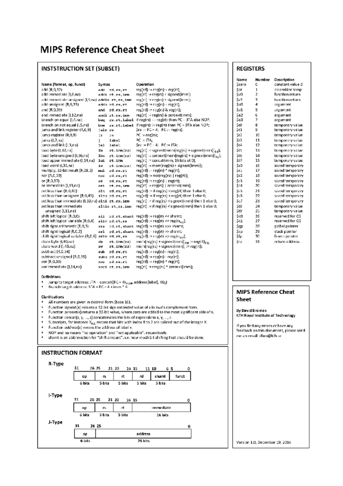 MIPS Cheat Sheet - Quick Reference Guide for MIPS Assembly - Studocu