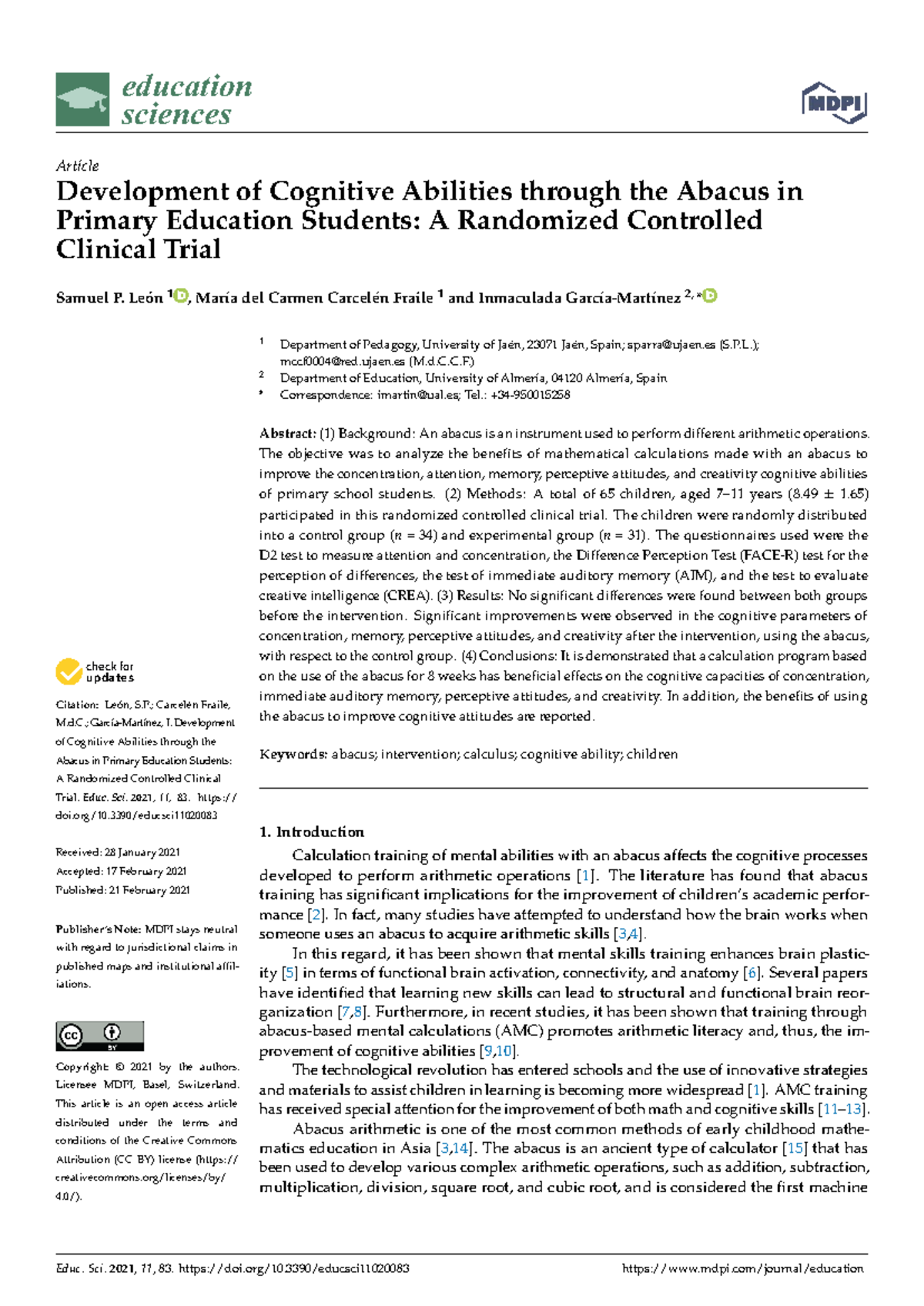 Educ. Sci. 2021, 11, 83: Enhancing Cognitive Skills in Primary Students ...