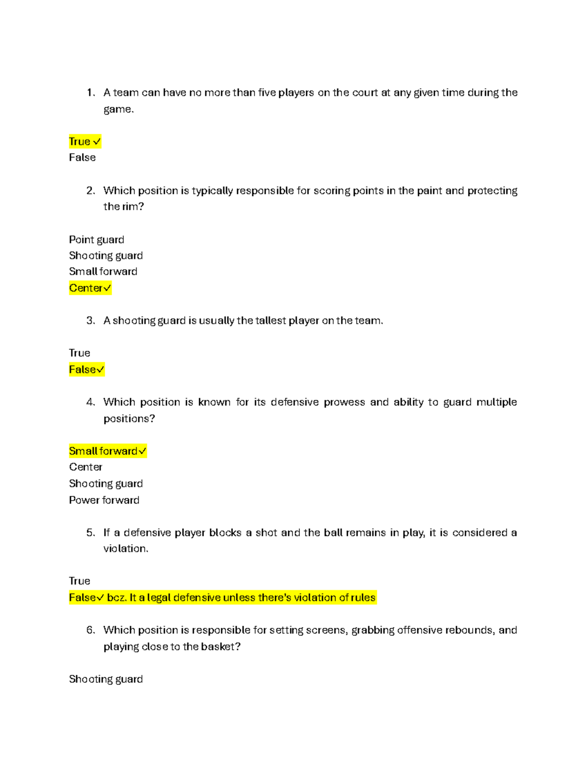 BB - Answer key - A team can have no more than five players on the ...