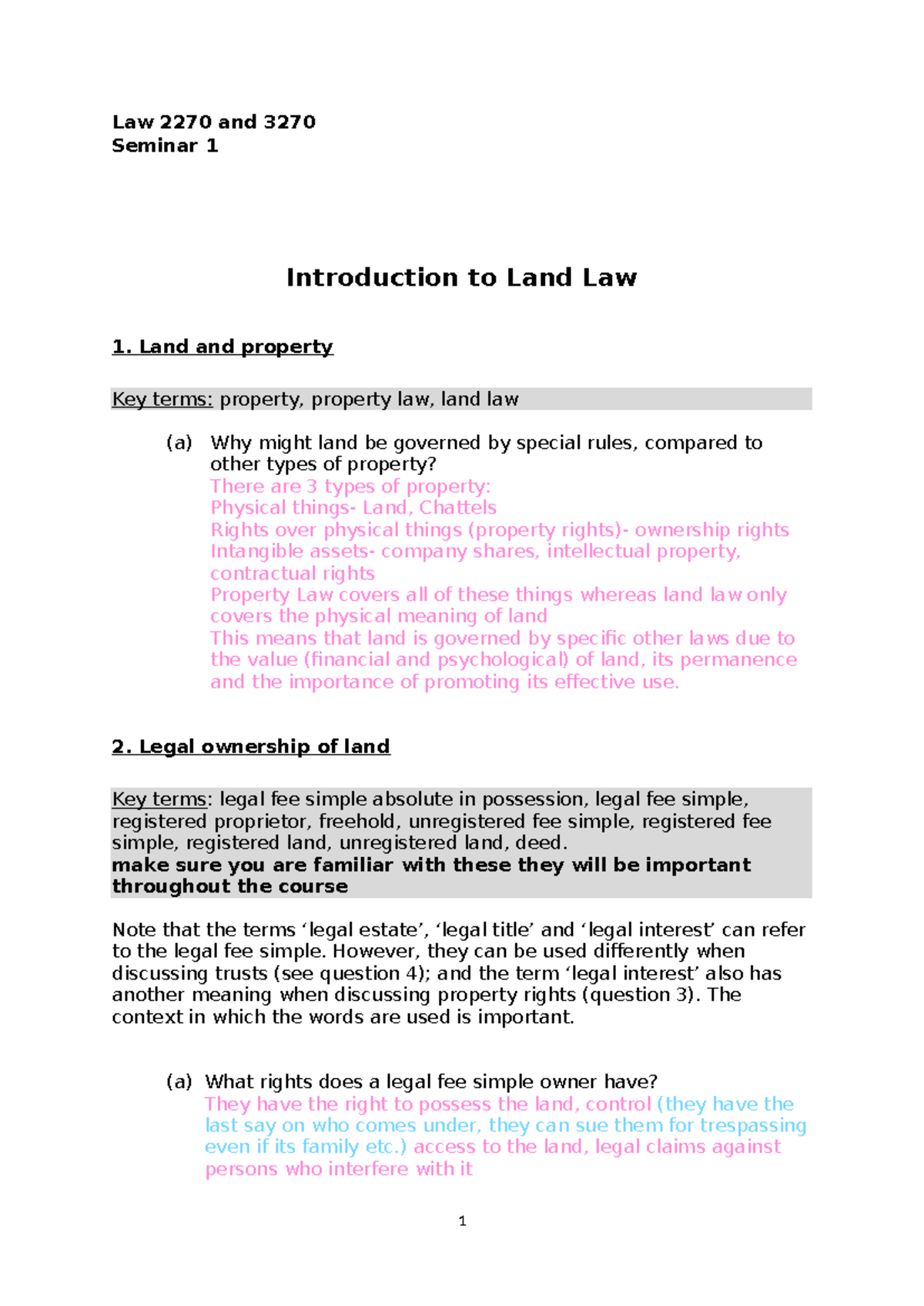 Law 2270 & 3270 - Seminar 1: Introduction to Land Law Overview - Studocu