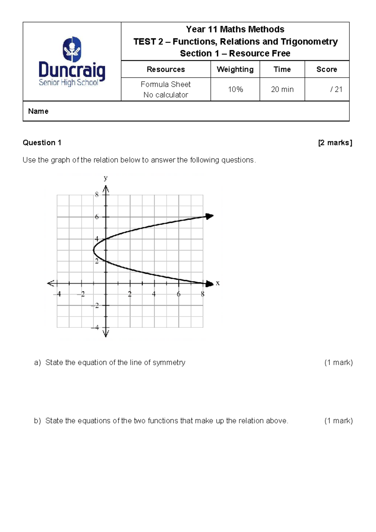 Year 11 Maths Methods TEST 2: Functions, Relations & Trigonometry - Studocu