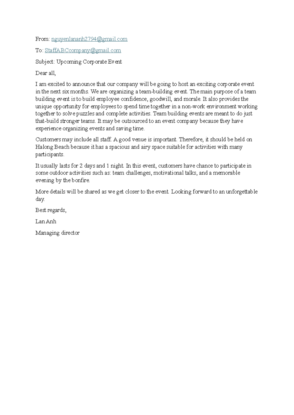Email u1 team building - From: nguyenlananh2794@gmail To ...