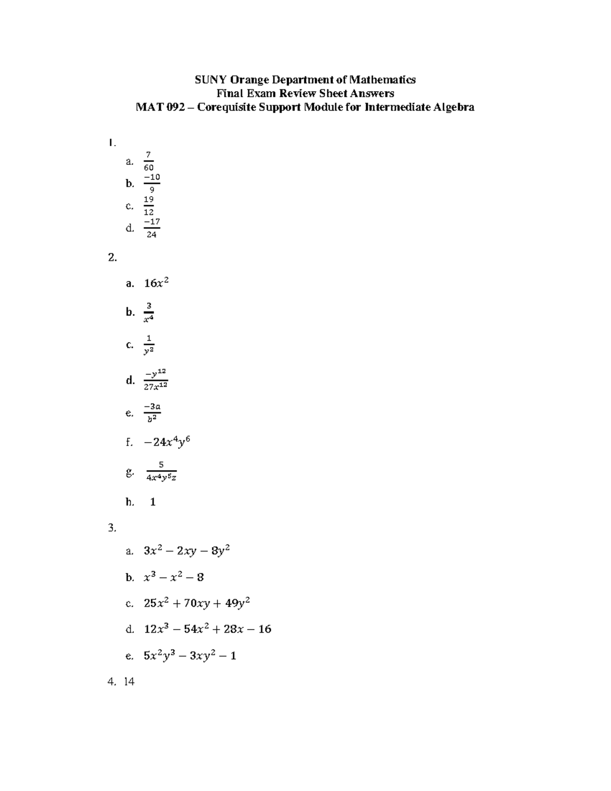 MAT-092 Final Exam Review Sheet Answer Key (Oct 2022) - Studocu