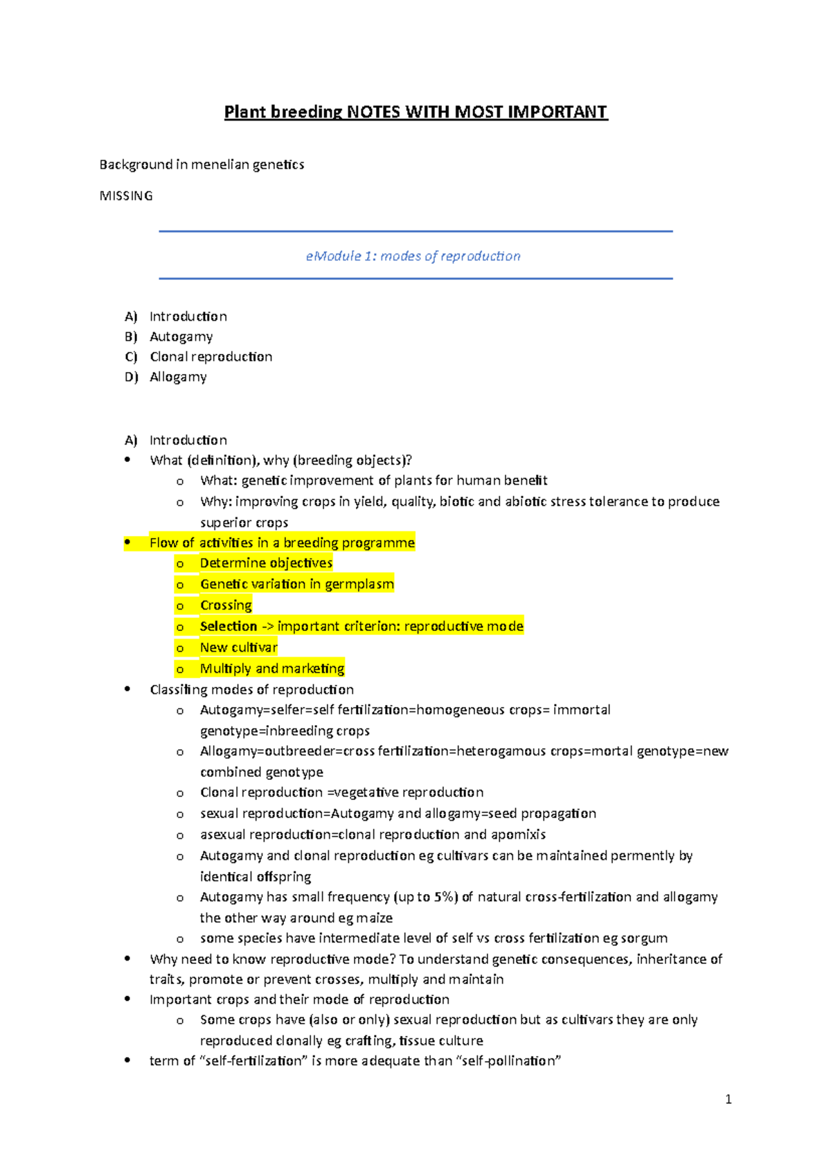 Plant Breeding Notes 1: Modes of Reproduction and Genetics Overview ...