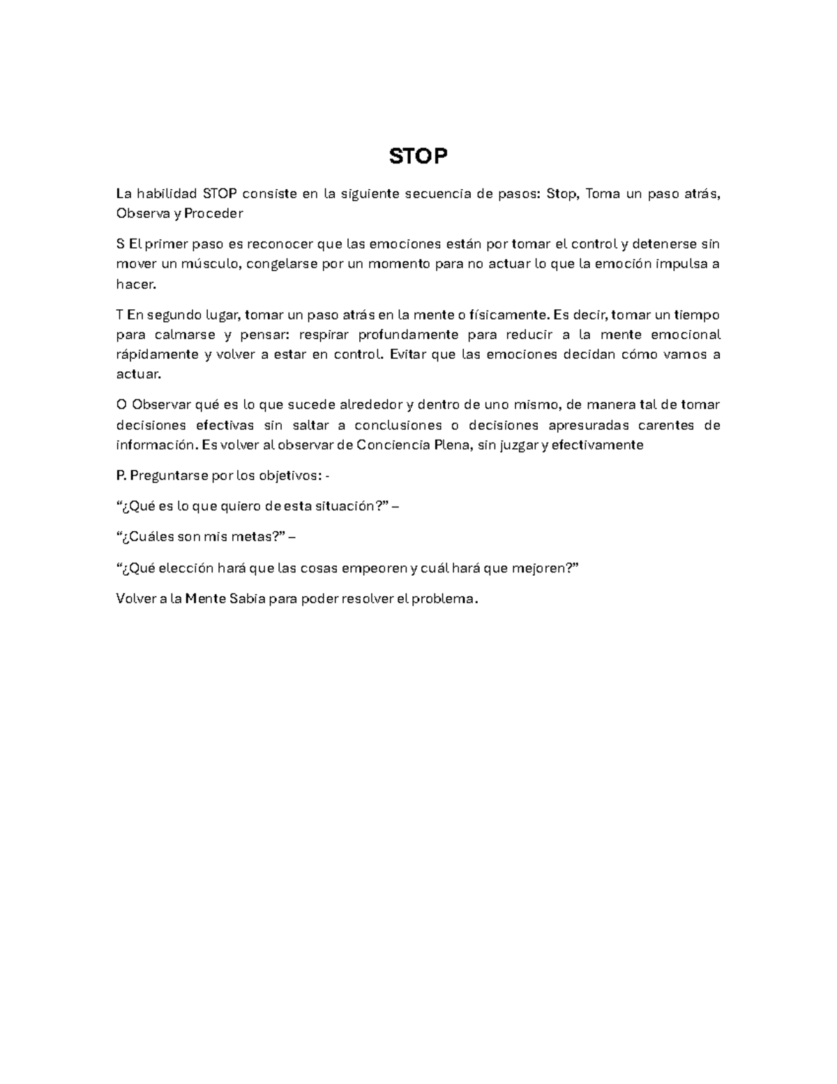 STOP - Tecnica - STOP La habilidad STOP consiste en la siguiente ...