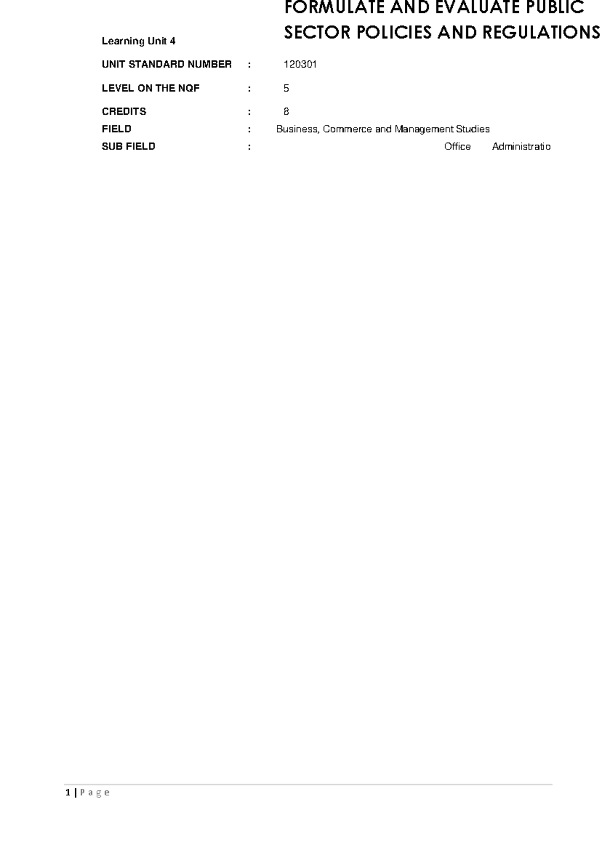 Public Sector Policies & Regulations: Formulation & Evaluation (120301 ...